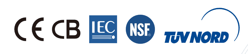 CE、CB、IEC、NSF 與 TÜV NORD 認證標誌
