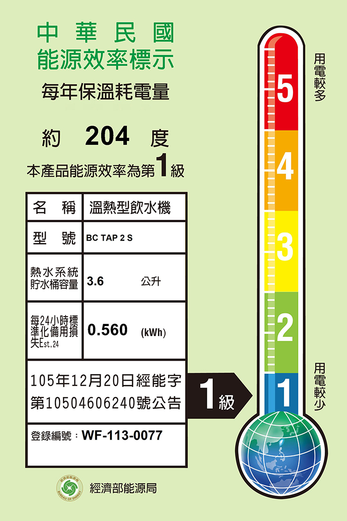 BC TAP-2S 原廠能源效率標示